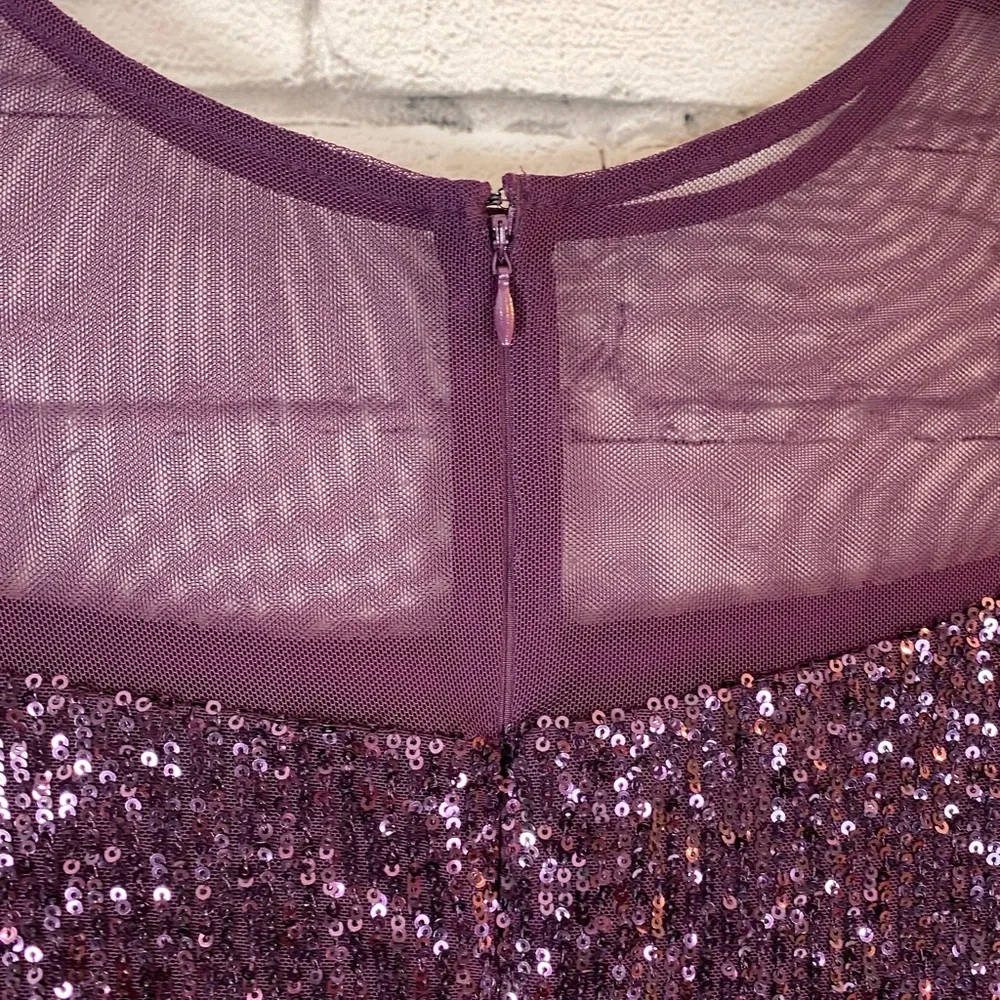 R&M Richards Women's Purple Sequin Knee Length Dress Bell Sleeve Size 8 Petite